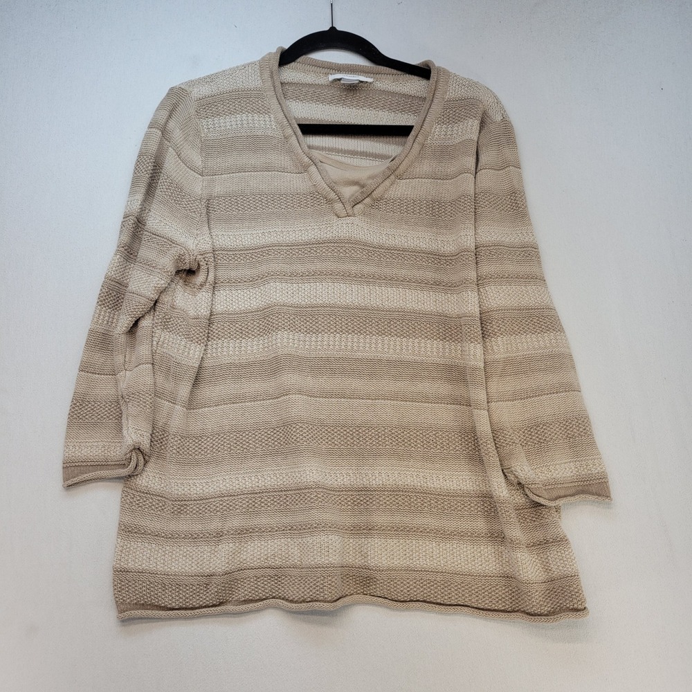 CJ Banks Sweater Womens 1X Tan Striped V-Neck 3/4 Sleeve Knit Pullover Top